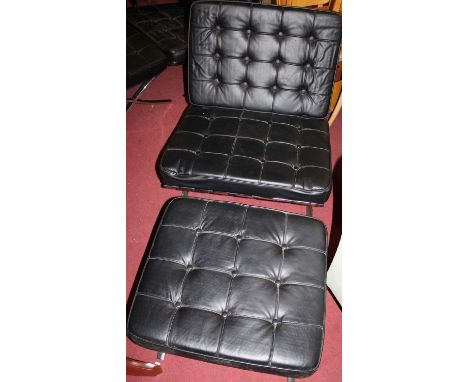 After Ludwig Mies van der Rohe - a Barcelona chair with footstool, the hollow chromed metal X-frame, with black leather butto