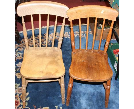 Six similar early 20th century elm seat and beech stick back kitchen chairs, together with a near pair of elm and beech bar b