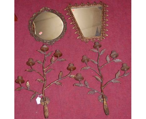 A pair of contemporary gilt metal five-light wall mounted candle holders, h.53cm; together with three various gilt framed wal