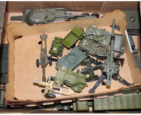 A box containing various military diecast, to include Dinky Toys Tank Destroyer, Solido half track, Dinky Daimler armoured ca