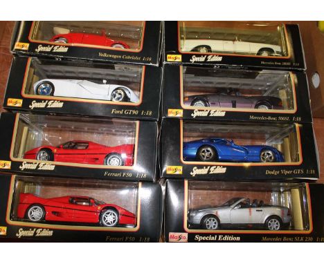 Eight Maisto Special Edition 1/18 scale vehicles, to include Ford GT90, Mercedes Benz 280SE, and a Dodge Viper GTS