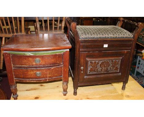 An Edwardian walnut music seat with cupboard door, width 66.5cm, together with a hinge top commode (2)