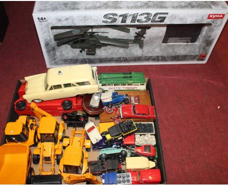 One box containing modern issue diecast to include Corgi, various plastic construction vehicles and a boxed Syma S113G radio 