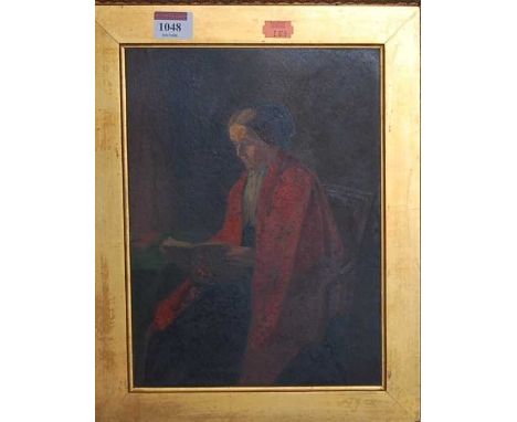 A 19th century overpainted print featuring an elderly woman reading and wearing a paisley shawl, 28x20cm