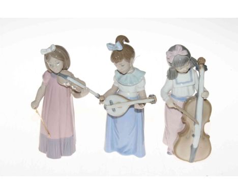 Three Nao musician girls with string instruments, tallest 19cm.