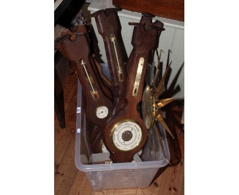 Eight barometers, carved wall clock, Metamec Sunburst wall clock, etc.