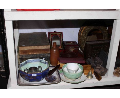 Full shelf of collectable including sewing machine, lace bobbins, knitting sheaths, circular mirrors, smocking pleater, Orien