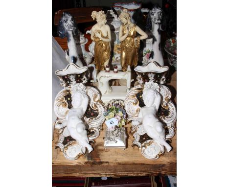Pair of Continental cherub wall brackets and pair of matching vases, pair of classical figures, pair of floral encrusted lidd