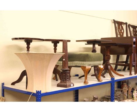 Edwardian mahogany Sutherland table, two pedestal side tables, cabriole leg footstool, two tripod wine table and carved wood 