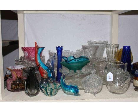 Collection of clear and coloured glass including glass clown, trinket ware, vases, bowls, ruby glass vase, etc.