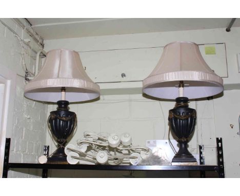 Pair of classical urn style table lamps with silk shades and three x three branch candle style wall light fittings.