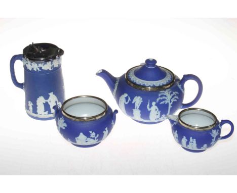 Wedgwood Blue Jasperware four piece tea service (small chip to jug spout).