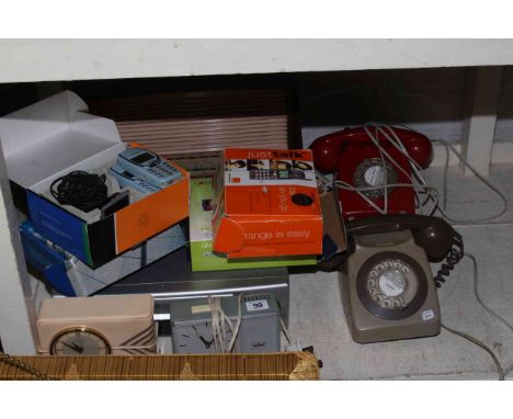 Two vintage dial telephones, HMV radio, three Nokia and Panasonic mobile phones, Aiptek video camera, VHS video recorder and 