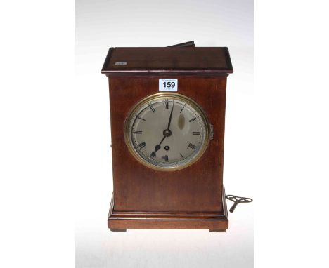 Edwardian mahogany mantel clock with silvered dial, 31.5cm high.