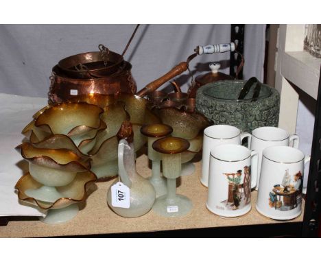 Copper pan and planter, kettle and six cups, art glass, ice bucket and four tankards.