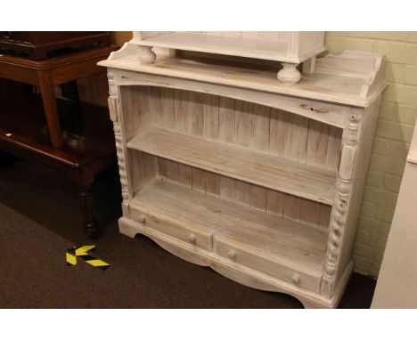White washed open two drawer bookcase with tongue and groove panel back, 104cm high by 120cm wide by 32cm deep, 