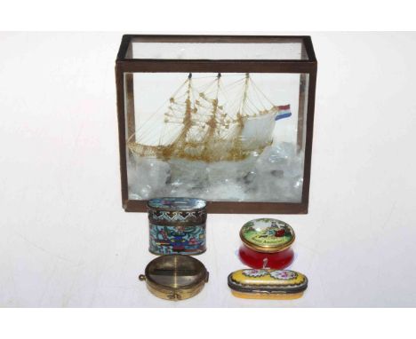 Cloisonne vesta, porcelain needle case, compass, small glass ship in case 16cm across, and Halycon Days box (5).