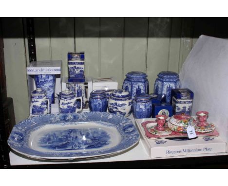 Large blue and white 19th Century meat plate, Maling Peony Rose four piece trinket set and collection of Rington caddies, gin