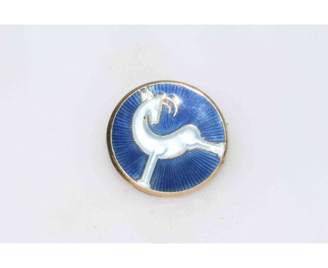 Vintage J. Tostrup blue guilloche enamel gazelle brooch, 2.8cm diameter.