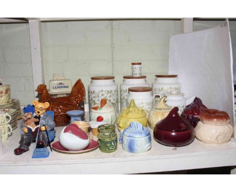 Five Hornsea Fleur storage jars and teapot, Sylvac and other preserve pots, hen egg basket, two Lurpak butter dishes, etc.