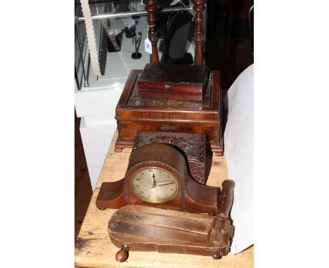 Pair of wooden candlesticks, three wood boxes, oak mantel clock and wooden football rattle.