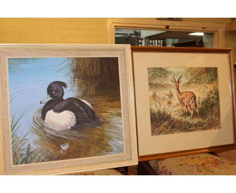 Three Paul Armstrong watercolours of birds, David Cemmick oil of duck and watercolour of deer and W. Neill St Kilda print.