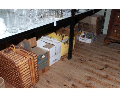 Wicker picnic hamper and six boxes of assorted china including Paragon teaware, trinket set, Nao figure, pottery houses, etc.