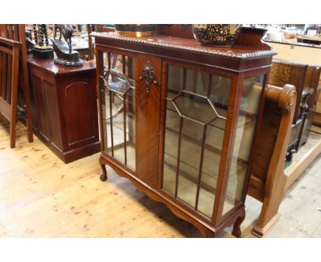 1920's mahogany double glazed panel door china cabinet on ball and claw legs, 145cm high by 122cm wide by 35cm deep. (Top beg