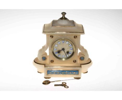 Alabaster mantel clock with enamel panels and Roman numeral dial, 28cm high.