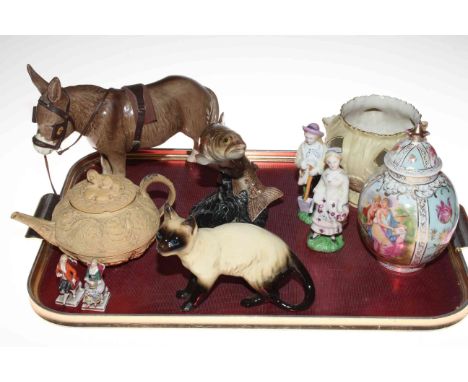 Beswick trout 1032, Goebel bird, Sylvac donkey, Coopercraft cat, Locke & Co. Worcester planter, Wedgwood teapot, Continental 