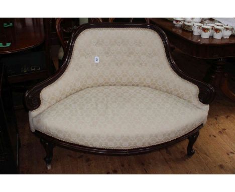 Victorian mahogany framed canape on cabriole legs in light button fabric, 89cm high by 124cm wide by 64cm deep. (Split to fra