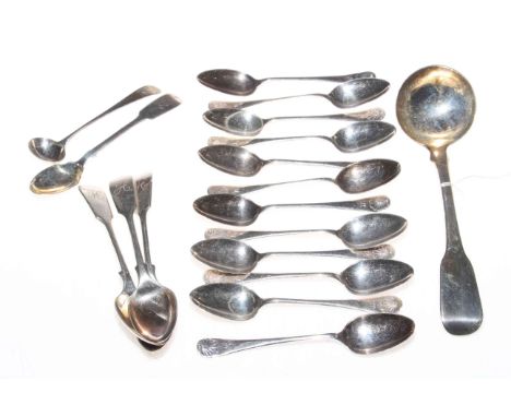 Late Georgian silver sauce ladle, set of twelve teaspoons Sheffield 1920, and five more spoons.