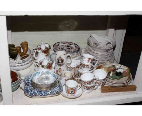 Large collection of china, glass, cutlery, brass candlesticks, mantel clock, torch, two brass bells,two oil lamps etc.