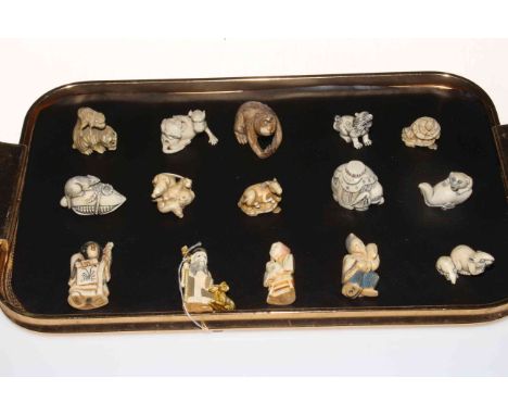 Collection of fifteen ivory netsuke, animals and figures, mostly signed.