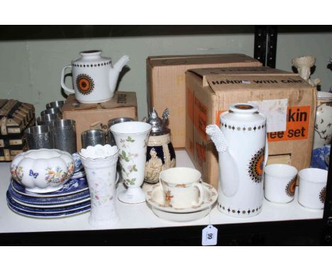 J &amp; G Meakin boxed as new tea and coffee sets, two Indonesian tankards and six beakers, blue and white plates, Aynsley an