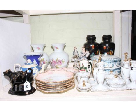 Two pairs of decorative vases, white pottery and gilt decorated trinket set, relief decorated teapot, pair of tureens, desser