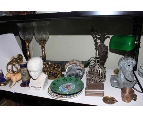 Brass desk lamp, barbola mirror, phrenology head, Beswick dog, pair of brass candlesticks, classical bust, Anglo Indian box, 