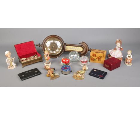 A quantity of collectables, to include glass paperweights, ceramic figures, barometer, playing cards, and a collection of cos