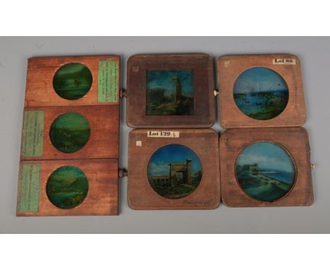 A collection of framed magic lantern slides to include three marked for J. Barnard &amp; Son from the Views in Switzerland, G