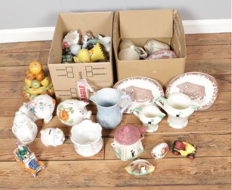 Two boxes of miscellaneous ceramics to include Wedgwood fish plates, Myott &amp; Sons, Leonardo novelty teapot, Ironstone Bul