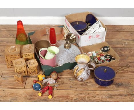A large quantity of mixed collectables including ceramic door plates, enamelled saucepan set, vintage puppets, art glass vase