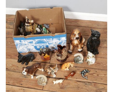 A box of assorted ceramic animal figures to include Sylvac bulldog, Lomonosov, Highbank Porcelain, Fosters Studio Gluggle Jug