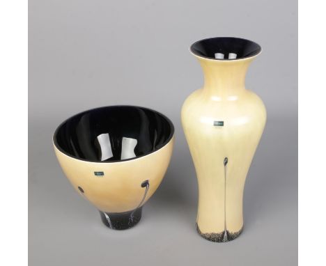 Vintage Caithness "Ebony Collection" vase and bowl, in yellow Art Nouveau style.  No signs of damage. Bowl diameter 15cm, hei