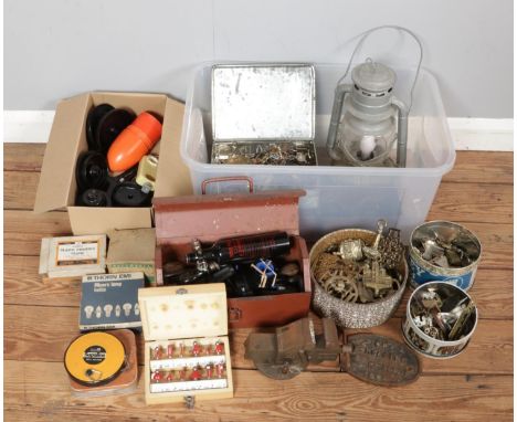 Two boxes of metalwares, to include tools, fixtures and fittings, including brass horse medallions, toasting fork handles, to