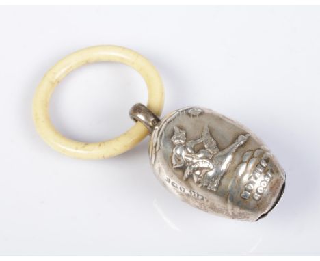 A Mother Goose silver teething ring/rattle. Assayed Birmingham 1913 by Adie &amp; Lovekin Ltd.