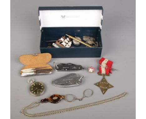 A box of vintage collectables, including British Army pocket knife, sovereign case, military pocket watch, mother-of-pearl se