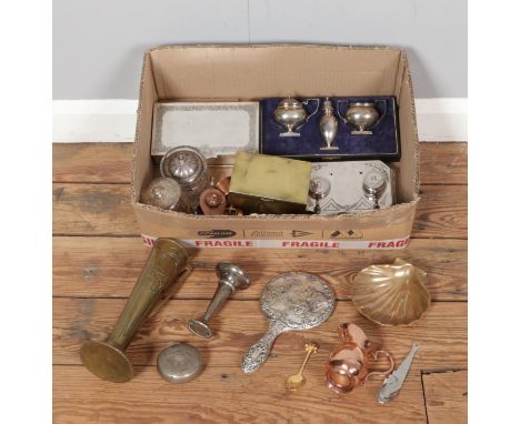 A box of metalware, featuring silver, silver plated, brass and copper items, including hallmarked silver glass trinket pots, 