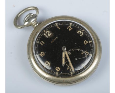 A Zenith German military issue pocket watch; the back plate numbered D. 8404165 H. The screw off back revealing movement stam