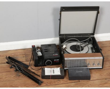 Mixed vintage electronics, including Philips portable GF820 record player and Boots 2400 slide projector etc, untested.  Phil