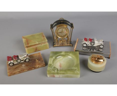 A collection of decorative items to include Schatz &amp; Sohne 2 jewels 8 day clock and onyx desk items including Ronson tabl